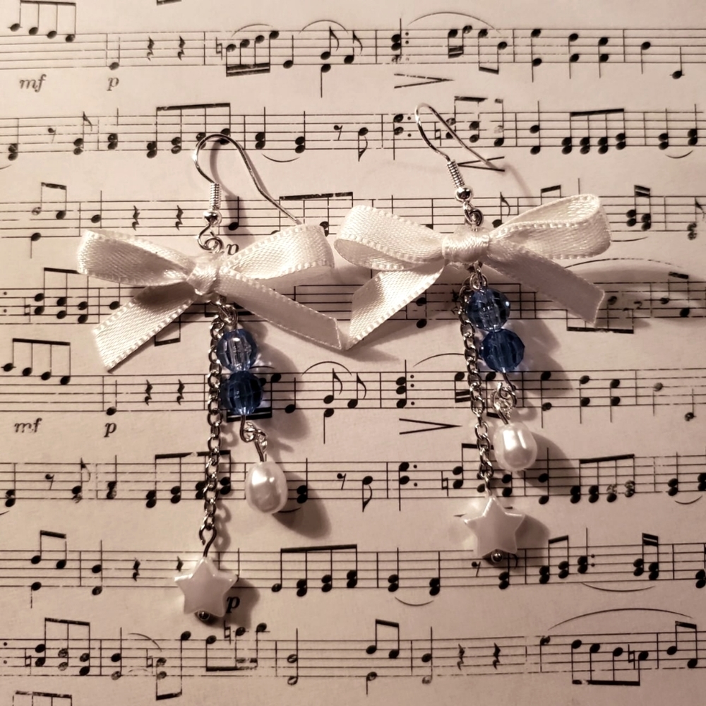 Icy Pearl White & Blue Bow Earrings